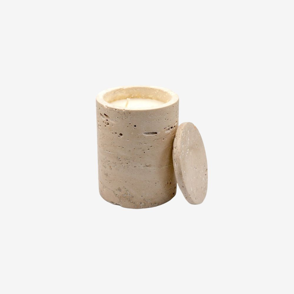 Travertin Marmeren Kaars – Beige Luxe Geurkaars 8x8x10 cm