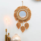 Macramé Spiegel met Kralen – Boho Wanddecoratie-Mirror-Met Veren-DeWoonVallei